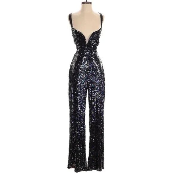 πͺ©π70s GLAM DISCO ERA!ππͺ© High-Shine Iridescent Black Sequin Lace-Up Jumpsuit - Picture 6 of 10
